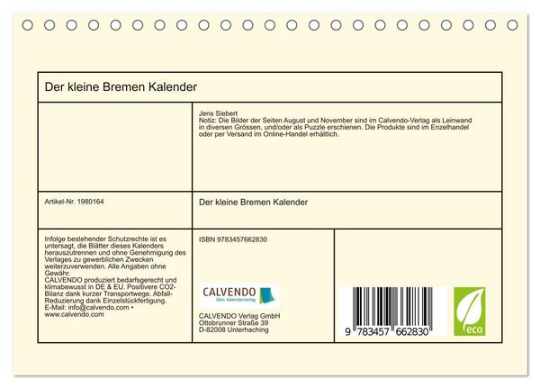 Produktbild: Der kleine Bremen Kalender (Tischkalender 2026 DIN A5 quer), CALVENDO Monatskalender