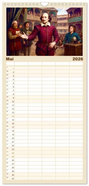 Produktbild: Familienplaner 2026 - William Shakespeare mit 5 Spalten (Wandkalender, 21 x 45 cm) CALVENDO