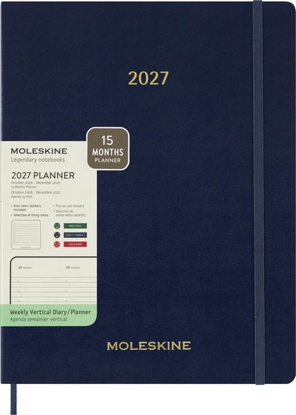 Produktbild: Moleskine 15 Monate Essential Wochenkalender 2026/2027, 1 Wo = 2 Seiten, vertikal, XXL, fester Einband, Saphirblau