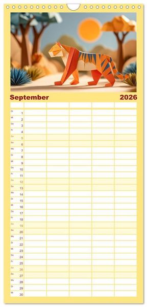 Produktbild: Familienplaner 2026 - Origami Zoo - Bunter Tierkalender f&uuml;r Kinder und Familien mit 5 Spalten (Wandkalender, 21 x 45 cm) CALVENDO