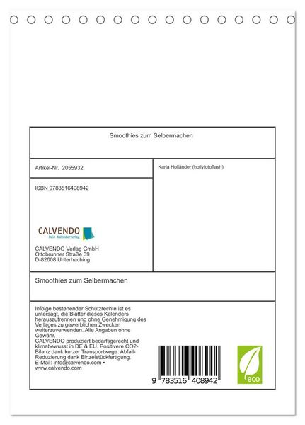 Produktbild: Smoothies zum Selbermachen (Tischkalender 2026 DIN A5 hoch), CALVENDO Monatskalender