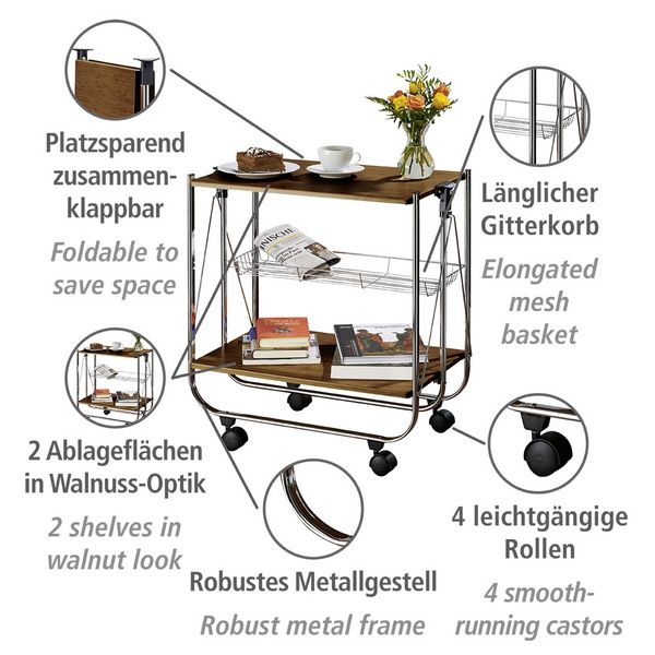 Produktbild: Servierwagen Mod. Dinett Deluxe Walnuss, zusammenklappbar