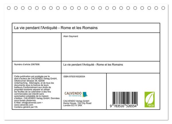 Produktbild: La vie pendant l'Antiquit&eacute; - Rome et les Romains (Calendrier de bureau 2026 DIN A5 vertical), CALVENDO calendrier mensuel