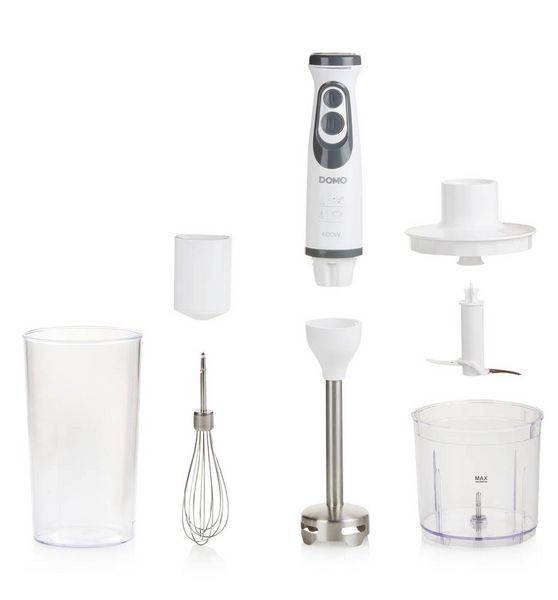 Produktbild: DOMO DO1089M Stabmixer 600 W mit Messbecher, Mixstab f&uuml;r Suppen, Schneebesenaufsatz, mit Zerkleinereraufsatz Wei&szlig;