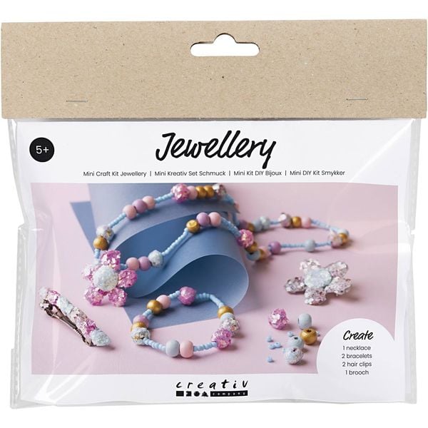 Produktbild: Creativ Company Mini Kreativ Set Schmuck, Halskette, Armband, Clips, Brosche, Blau, Hellblau, Pastellpink