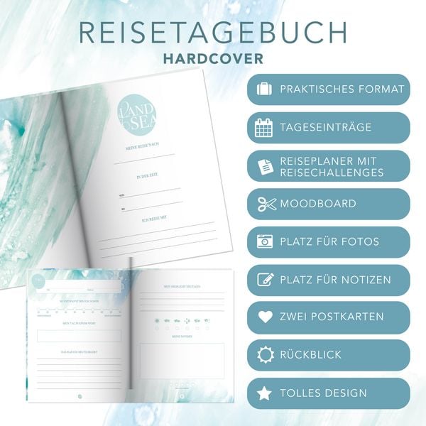 Produktbild: Reisetagebuch zum selber Schreiben inkl. Postkarten, Sammeltasche und herausnehmbaren Reiseplaner. Hardcover Urlaubstagebuch mit inspirierenden Zitaten zum Ausf&uuml;llen f&uuml;r bis zu 3 Wochen, inkl. Reisetipps. Stay Inspired! by Lisa Wirth