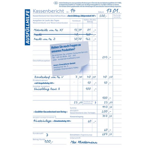 Produktbild: AVERY Zweckform Kassenbericht 50 Originale mit Blaupapier DIN A5 100 Blatt