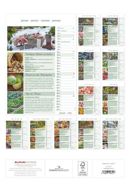 Produktbild: Das Gartenjahr 2026 - Bildkalender 23,7x34 cm - mit saisonalen Gartentipps und Rezepten - Ratgeber - Wandkalender - Küchenkalender - Alpha Edition