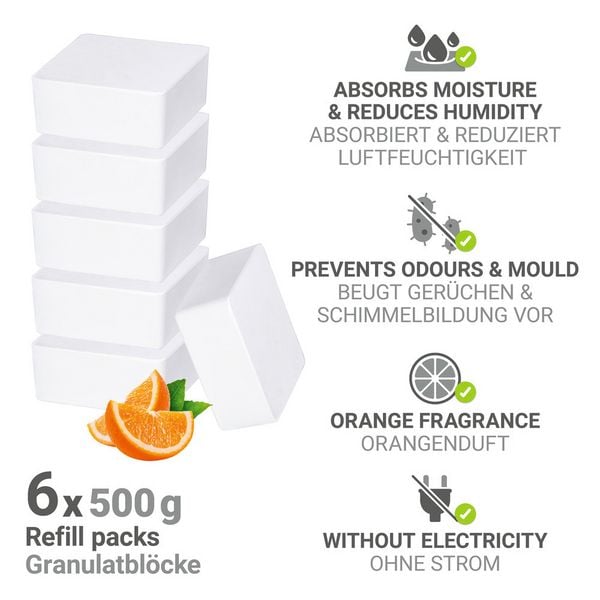 Produktbild: Raumentfeuchter Mod. Cube Nachfüller 500 g mit Orangenduft, 6er, Luftentfeuchter Nachfüllpack