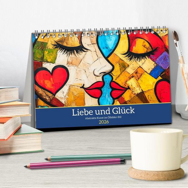 Produktbild: Liebe und Gl&uuml;ck. Abstrakte Kunst im &Ouml;lbilder-Stil (Tischkalender 2026 DIN A5 quer), CALVENDO Monatskalender