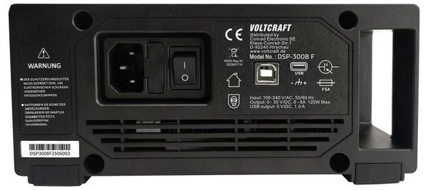 Produktbild: VOLTCRAFT DSP-3008 F Labornetzger&auml;t passiv gek&uuml;hlt 0 - 30 V 0 - 8 A 120 W l&uuml;fterlos USB Anzahl Ausg&auml;nge 1 x
