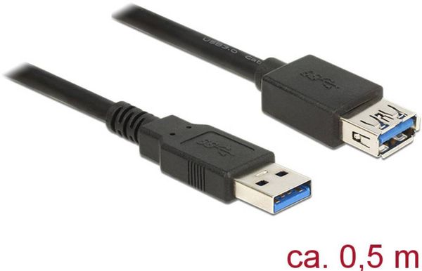 Delock USB-Kabel USB 3.2 Gen1 (USB 3.0 / USB 3.1 Gen1) USB-A Stecker, USB-A Buchse 0.50 m Schwarz vergoldete Steckkontak