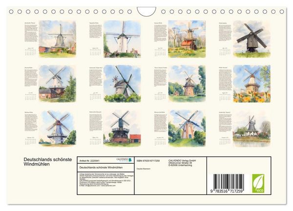 Produktbild: Deutschlands sch&ouml;nste Windm&uuml;hlen (Wandkalender 2026 DIN A4 quer), CALVENDO Monatskalender