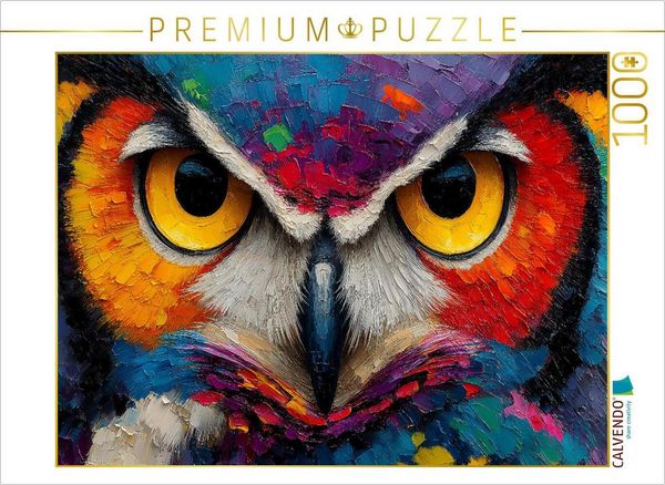Produktbild: CALVENDO Puzzle Bunte Aquarell Eule mit intensivem Blick | 1000 Teile Lege-Gr&ouml;&szlig;e 64x48cm Foto-Puzzle f&uuml;r gl&uuml;ckliche Stunden