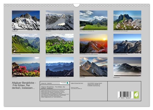 Produktbild: Allg&auml;uer Bergblicke - Frei f&uuml;hlen, frei denken, loslassen... (Wandkalender 2026 DIN A3 quer), CALVENDO Monatskalender