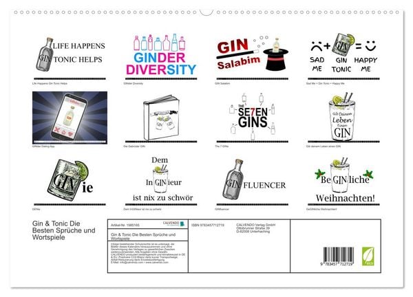 Produktbild: Gin & Tonic Die Besten Spr&uuml;che und Wortspiele (hochwertiger Premium Wandkalender 2026 DIN A2 quer), Kunstdruck in Hochglanz
