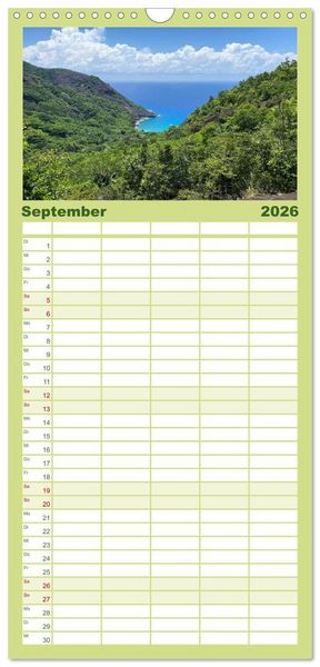 Produktbild: Familienplaner 2026 - In Gedanken auf den Seychellen mit 5 Spalten (Wandkalender, 21 x 45 cm) CALVENDO