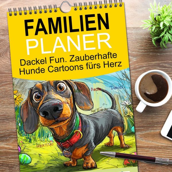 Produktbild: Familienplaner 2026 - Dackel Fun. Zauberhafte Hunde Cartoons f&uuml;rs Herz mit 5 Spalten (Wandkalender, 21 x 45 cm) CALVENDO