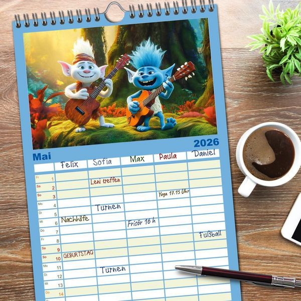 Produktbild: Familienplaner 2026 - Die bunte Welt der Trolle mit 5 Spalten (Wandkalender, 21 x 45 cm) CALVENDO