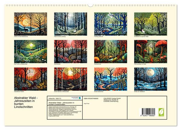 Produktbild: Abstrakter Wald - Jahreszeiten in bunten Linolschnitten (hochwertiger Premium Wandkalender 2026 DIN A2 quer), Kunstdruck in Hochglanz