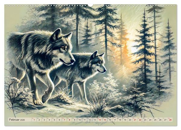 Produktbild: Die Eleganz der W&ouml;lfe - Mythische Begegnungen in der Natur (hochwertiger Premium Wandkalender 2026 DIN A2 quer), Kunstdruck in Hochglanz