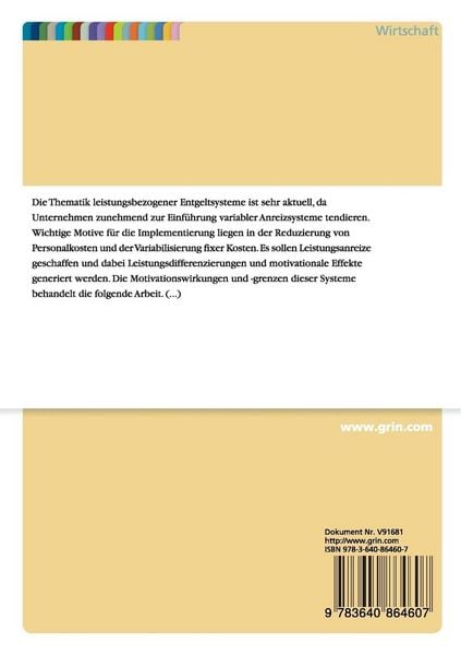 Produktbild: Motivationswirkungen und -grenzen von leistungsbezogenen Entgeltsystemen in der Mitarbeiterf&uuml;hrung