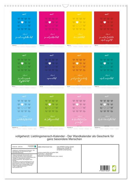 Produktbild: vollgeherzt: Lieblingsmensch-Kalender - Der Wandkalender als Geschenk f&uuml;r ganz besondere Menschen (Wandkalender 2026 DIN A2 hoch), CALVENDO Monatskalender