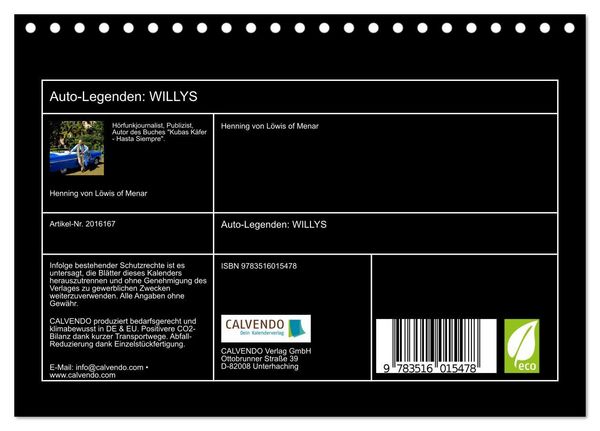 Produktbild: Auto-Legenden: WILLYS (Tischkalender 2026 DIN A5 quer), CALVENDO Monatskalender