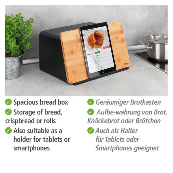 Produktbild: Brotkasten mit Schneidebrett Mod. Kubo, Schwarz, mit Bambusdeckel und Bel&uuml;ftungsl&ouml;chern