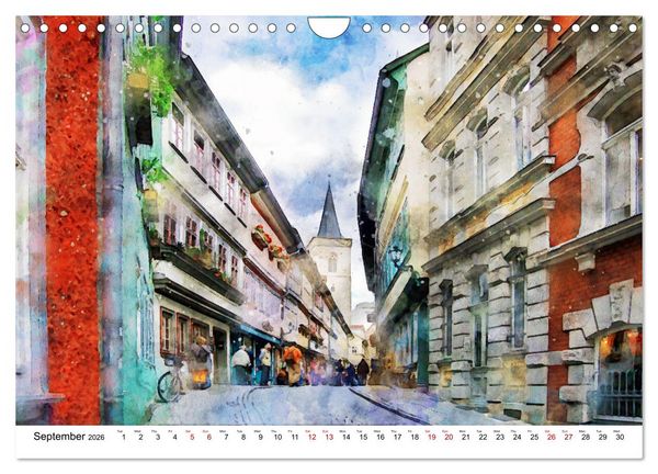Produktbild: Erfurt - City views in watercolors (Wall Calendar 2026 DIN A4 landscape), CALVENDO 12 Month Wall Calendar
