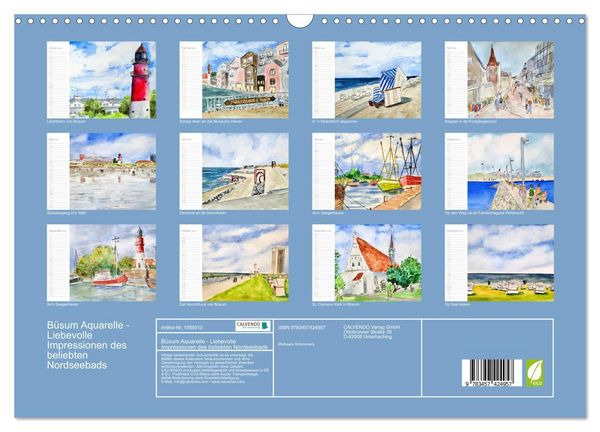 Produktbild: B&uuml;sum Aquarelle - Liebevolle Impressionen des beliebten Nordseebads (Wandkalender 2026 DIN A3 quer), CALVENDO Monatskalender