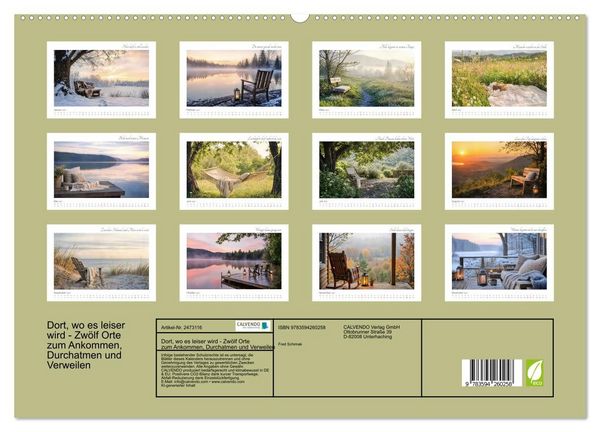 Produktbild: Dort, wo es leiser wird - Zw&ouml;lf Orte zum Ankommen, Durchatmen und Verweilen (hochwertiger Premium Wandkalender 2027 DIN A2 quer), Kunstdruck in Hochglanz