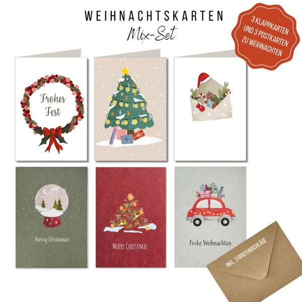 Produktbild: KEITCARDS Weihnachtskarten - handgezeichnete Klappkarten mit Briefumschlag, 6er Set
