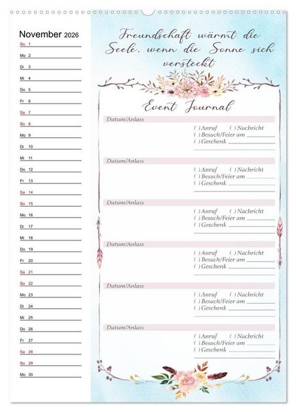 Produktbild: Geburtstagsplaner Boho Blau - F&uuml;r Termine, Geschenke, Eventdetails & mehr (Wandkalender 2026 DIN A2 hoch), CALVENDO Monatskalender