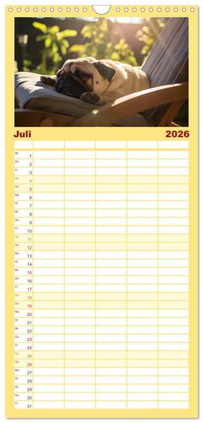 Produktbild: Familienplaner 2026 - Kleine Helden - eine Hommage an die Mopsrasse mit 5 Spalten (Wandkalender, 21 x 45 cm) CALVENDO