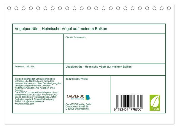 Produktbild: Vogelportr&auml;ts - Heimische V&ouml;gel auf meinem Balkon (Tischkalender 2026 DIN A5 quer), CALVENDO Monatskalender