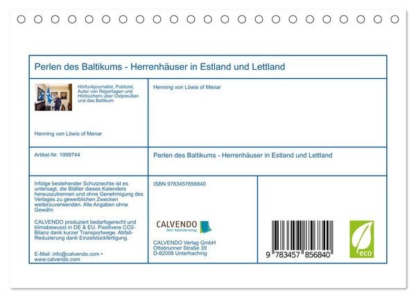 Produktbild: Perlen des Baltikums - Herrenh&auml;user in Estland und Lettland (Tischkalender 2026 DIN A5 quer), CALVENDO Monatskalender
