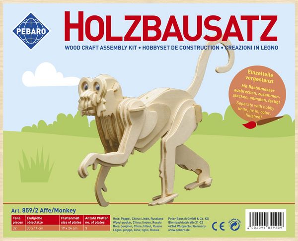 Produktbild: PEBARO 859/2 - Holzbausatz Affe, 32 Teile, Holzkonstruktion zum Zusammenstecken