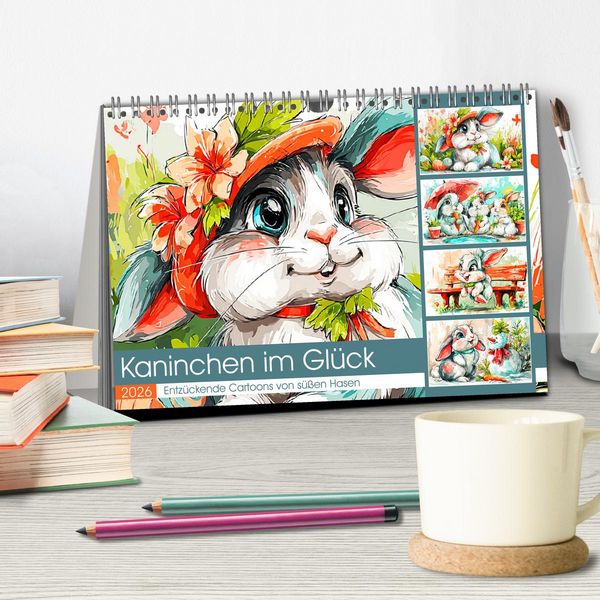 Produktbild: Kaninchen im Gl&uuml;ck. Entz&uuml;ckende Cartoons von s&uuml;&szlig;en Hasen (Tischkalender 2026 DIN A5 quer), CALVENDO Monatskalender