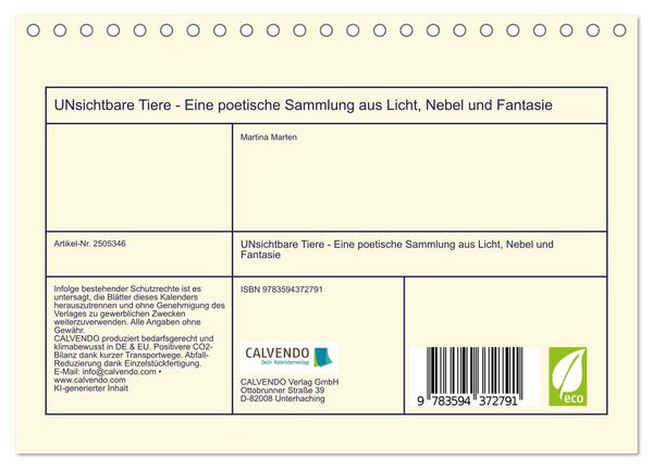 Produktbild: UNsichtbare Tiere - Eine poetische Sammlung aus Licht, Nebel und Fantasie (Tischkalender 2027 DIN A5 quer), CALVENDO Monatskalender