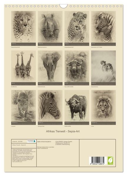 Produktbild: Afrikas Tierwelt - Sepia-Art (Wandkalender 2026 DIN A3 hoch), CALVENDO Monatskalender