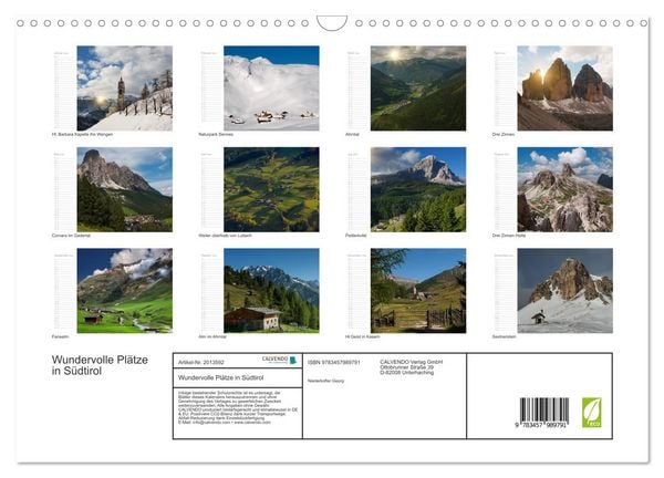 Produktbild: Wundervolle Pl&auml;tze in S&uuml;dtirol (Wandkalender 2026 DIN A3 quer), CALVENDO Monatskalender