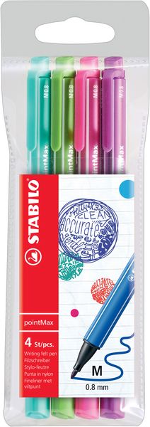 Produktbild: STABILO Filzschreiber -   pointMax - 4er Pack - Designfarben - eisgr&uuml;n, hellgr&uuml;n, rosarot, lila