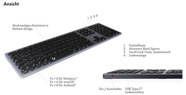 Produktbild: RAIDSONIC Full-Size Aluminium Tastatur, Bluetooth & RF, f&uuml;r Win & macOS