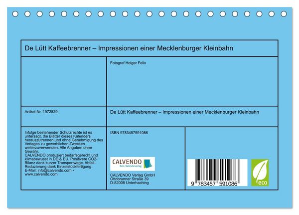 Produktbild: De L&uuml;tt Kaffeebrenner &ndash; Impressionen einer Mecklenburger Kleinbahn (Tischkalender 2026 DIN A5 quer), CALVENDO Monatskalender
