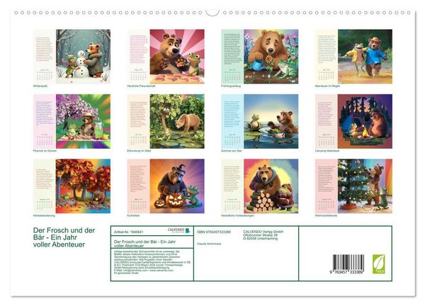 Produktbild: Der Frosch und der B&auml;r - Ein Jahr voller Abenteuer (hochwertiger Premium Wandkalender 2026 DIN A2 quer), Kunstdruck in Hochglanz