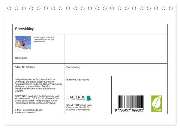 Produktbild: Snowkiting (Tischkalender 2026 DIN A5 quer), CALVENDO Monatskalender