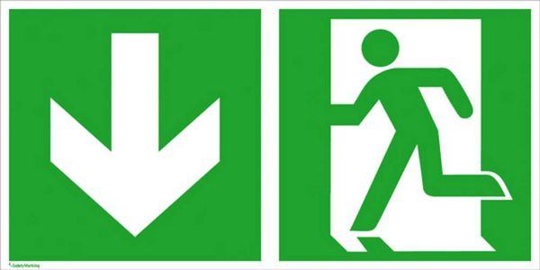 Produktbild: Fluchtwegschild Aluminium Notausgang links, Richtungsangabe abw&auml;rts SafetyMarking 15.0084 (B x H) 300 mm x 150 mm ISO 7010 1 St.