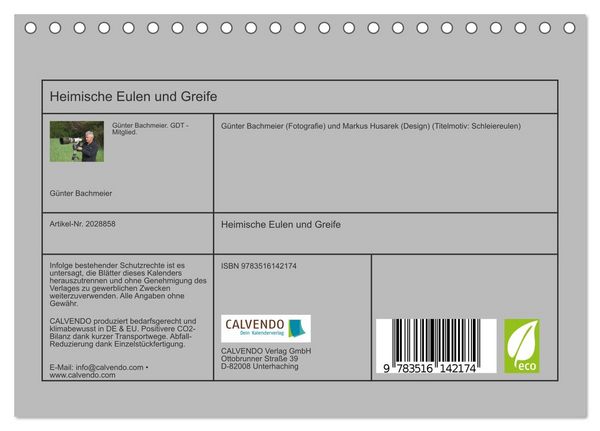 Produktbild: Heimische Eulen und Greife (Tischkalender 2026 DIN A5 quer), CALVENDO Monatskalender