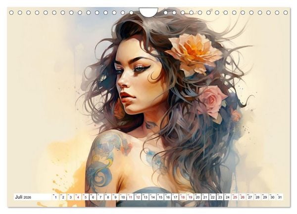Produktbild: Tattoo trifft Kunst - Starke Tattoos treffen auf sanftes Aquarell (Wandkalender 2026 DIN A4 quer), CALVENDO Monatskalender